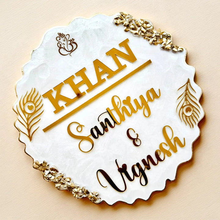 White Feather Personalized Marble Efffect Wavy Round Resin Name Plate | With 3D Acrylic Letters & Gold Stone Embellishment