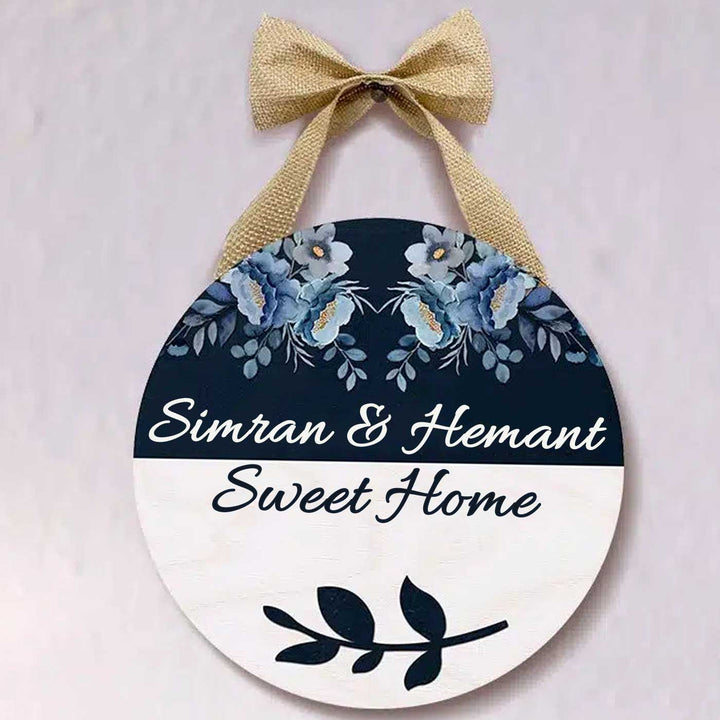 Printed Floral Wooden Round Nameplate For Couples With Bow - Front View Hanging with Bow