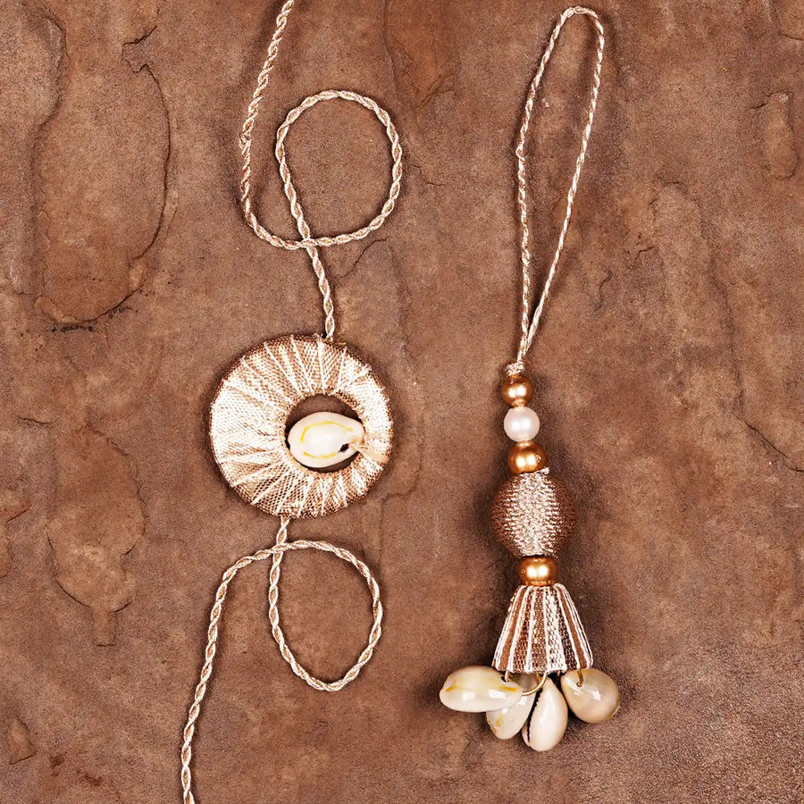 Handmade Gota Patti And Shells Bhaiya Bhabhi Rakhi With Roli Chawal Set Of 2 - Flat Lay Display
