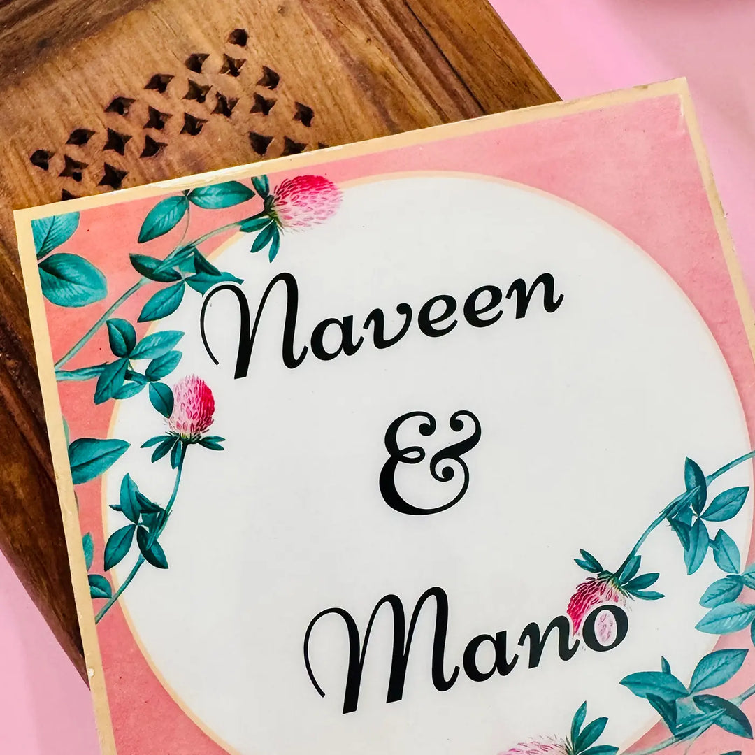 White & Peach Floral Personalized Printed Square Resin Name Plate