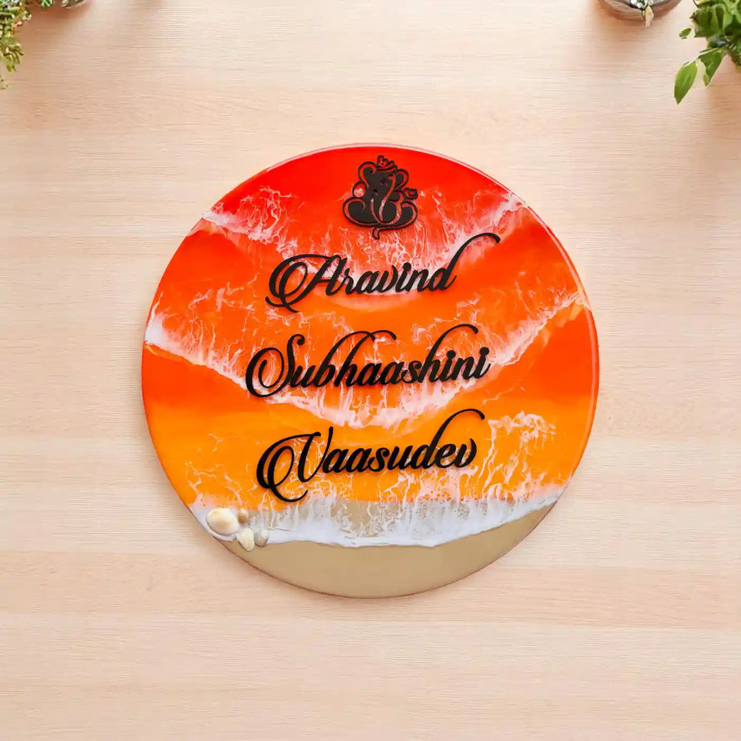 Orange And Black Personalized Ocean Effect Round Resin Name Plate | With 3D Acrylic Letters