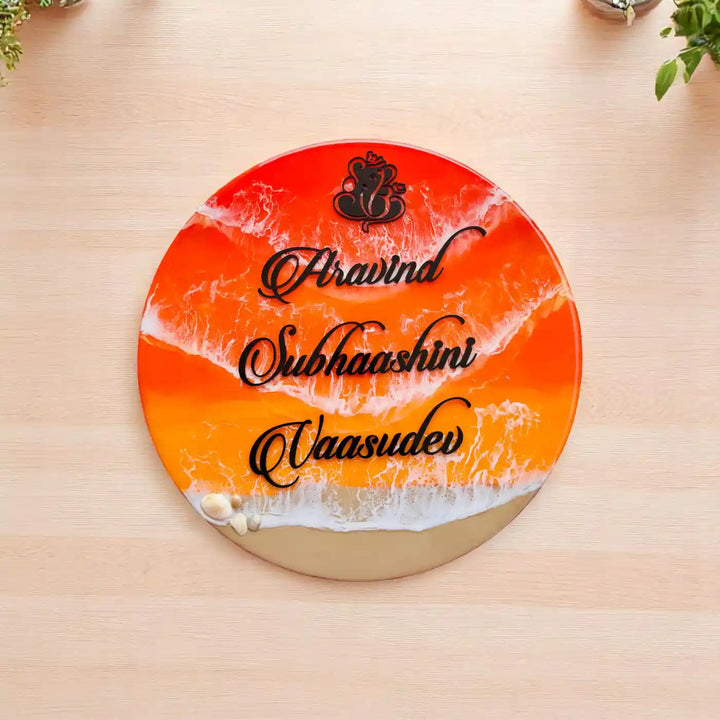 Orange And Black Personalized Ocean Effect Round Resin Name Plate | With 3D Acrylic Letters