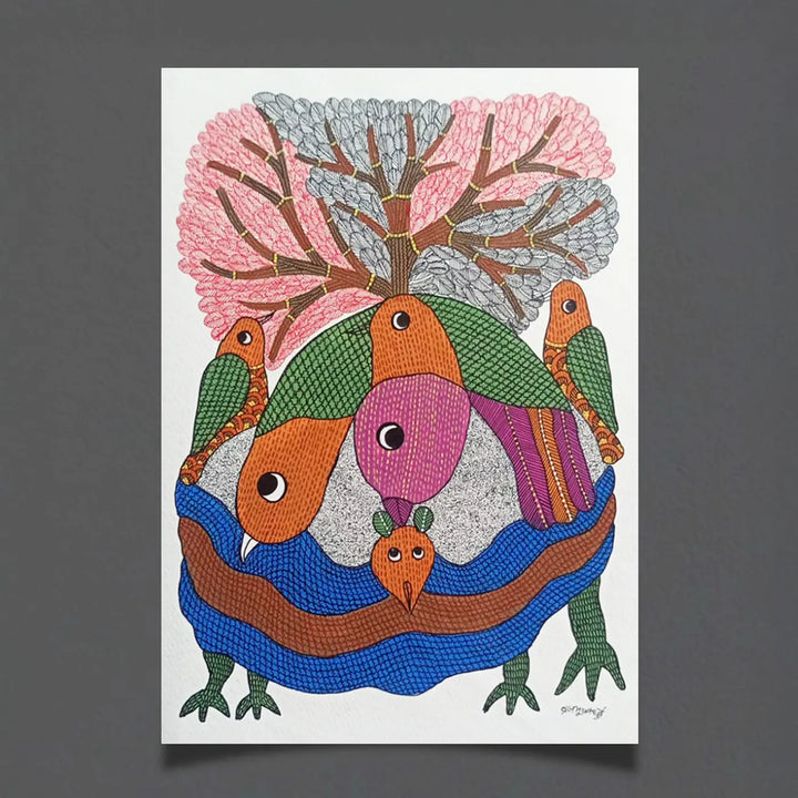 11 x 16 Inch | Bird with Tree of Life | Original Hand Painted Tribal Gond Art Painting | Acrylic Paint On Paper