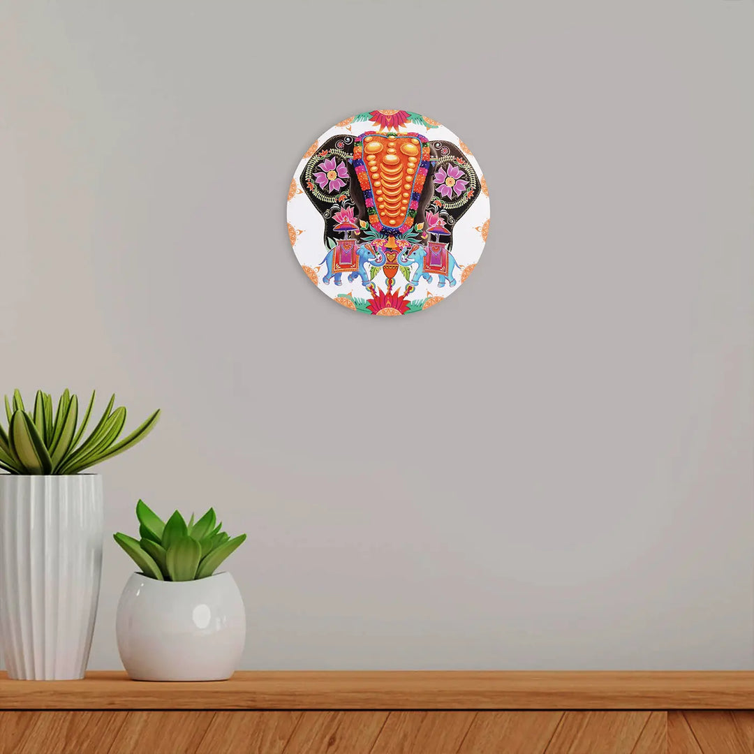 Printed Round Floral Elephant Theme MDF Wood Wall Decor