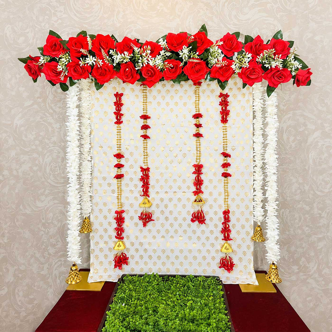 Maharaja Pooja Backdrop Decor Kit With Artificial Floral Panel & Bell Garlands