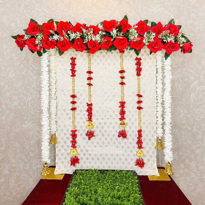 Maharaja Pooja Backdrop Decor Kit With Artificial Floral Panel & Bell Garlands