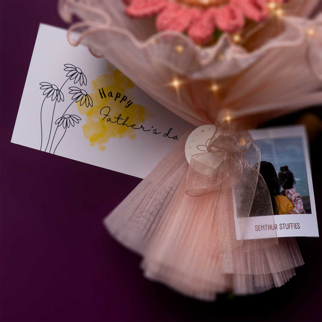 Handmade Crochet Under Quiet Sky Flower Bouquet With Lights | Includes Photo & Greeting Card