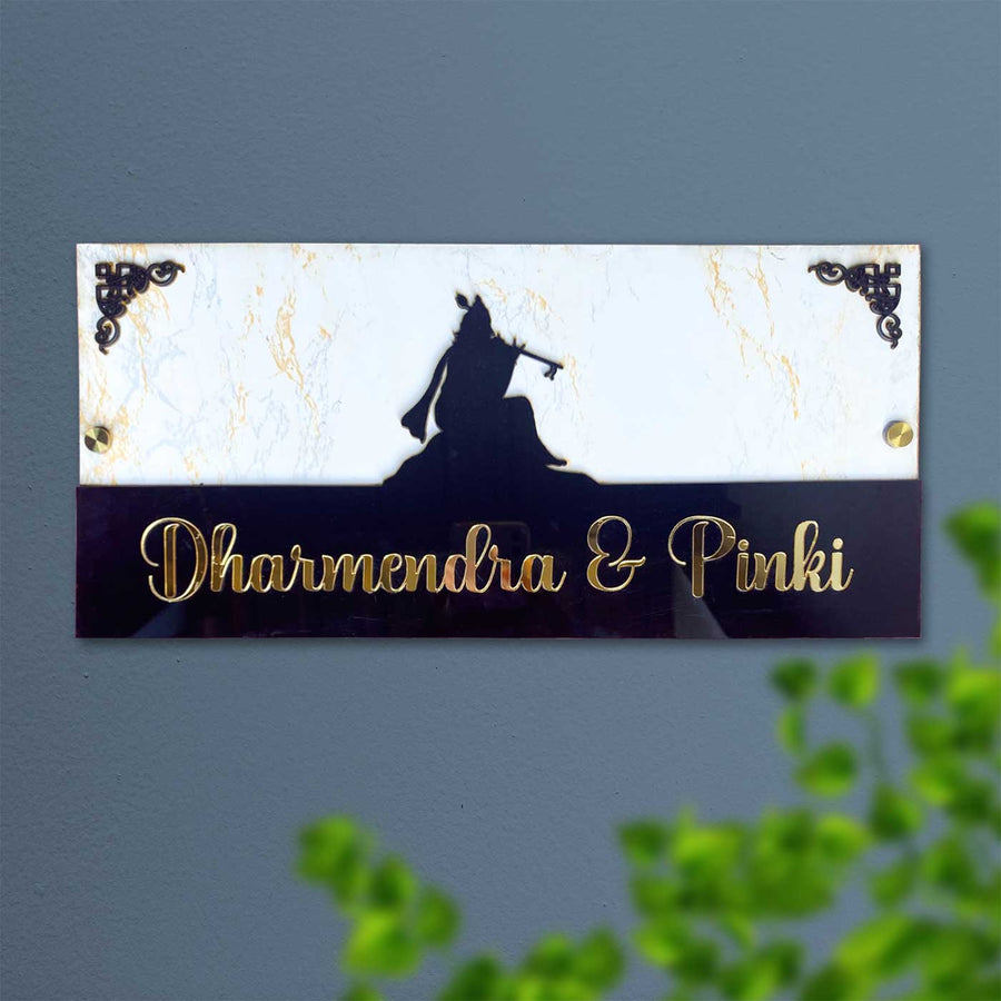 Personalized Krishna Theme Mdf Wood Name Plate - Mounted on Wall with Screws