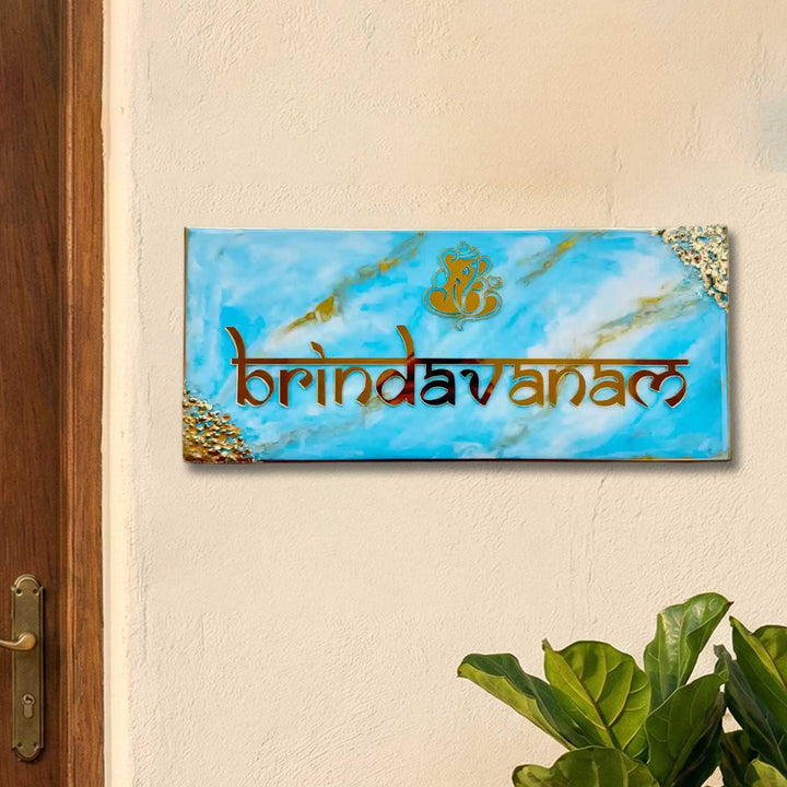 Blue Personalized Marble Effect Rectangle Resin Name Plate | With 3D Acrylic Letters & Gold Stone Embellishment