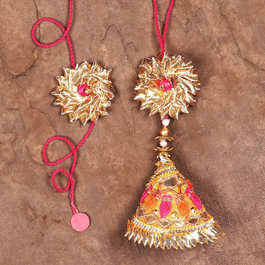 Handmade Swarn Sneh Bhaiya Bhabhi Rakhi With Roli Chawal Set Of 2 - Top View of Rakhi Pair