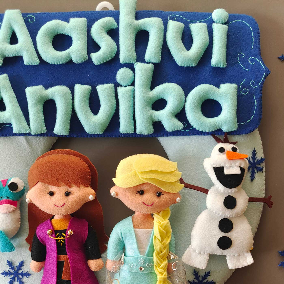 Personalized Frozen Theme Felt Kids Name Plate For Siblings - Name Personalization Example with Characters
