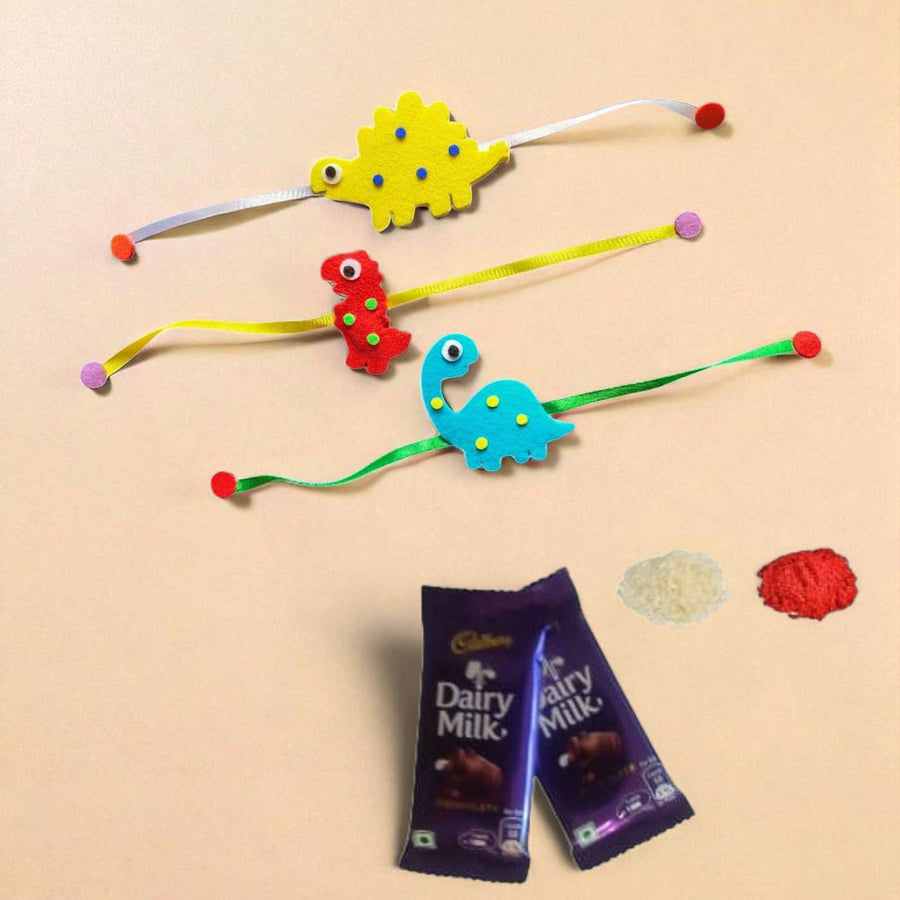 Handmade Dinosaur Theme Felt Rakhi Set Of 3 - Product Bundle Contents Display