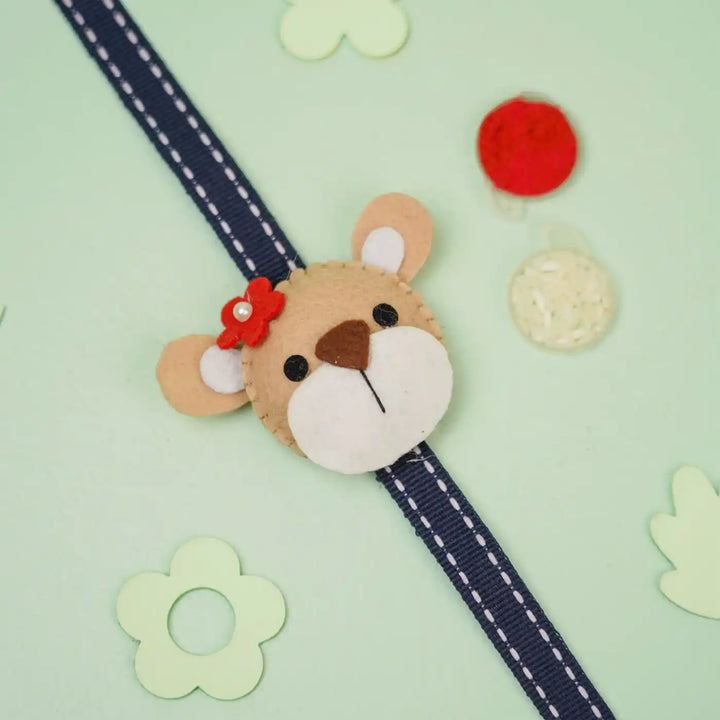 Handmade Bear Theme Felt Kids Rakhi With Roli Chawal - Top View with Decorative Elements