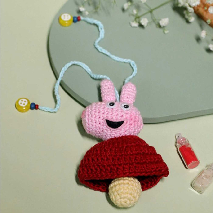 Handmade Crochet Peppa Pig Kids Lumba Rakhi With Roli Chawal - Front View