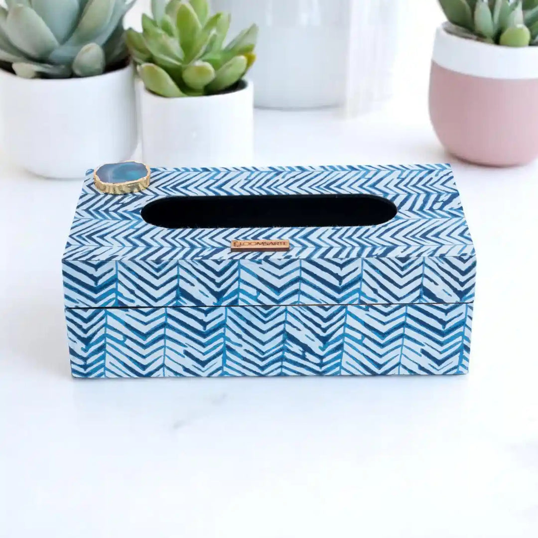 Blue Cotton Fabric Coated MDF Tissue Box With Agate Accent