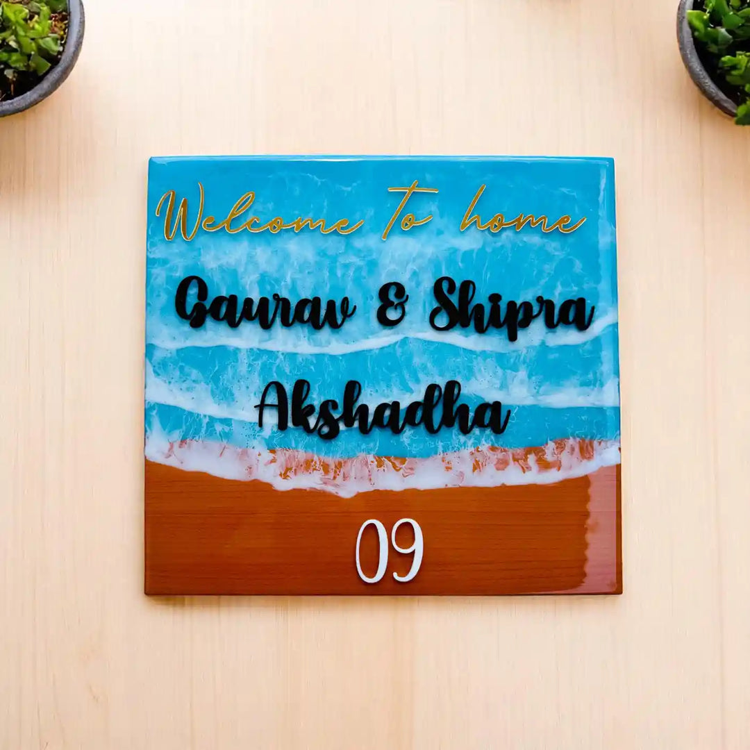 Light Blue Personalized Beach Effect Rectangle Resin Name Plate | With 3D Acrylic Letters