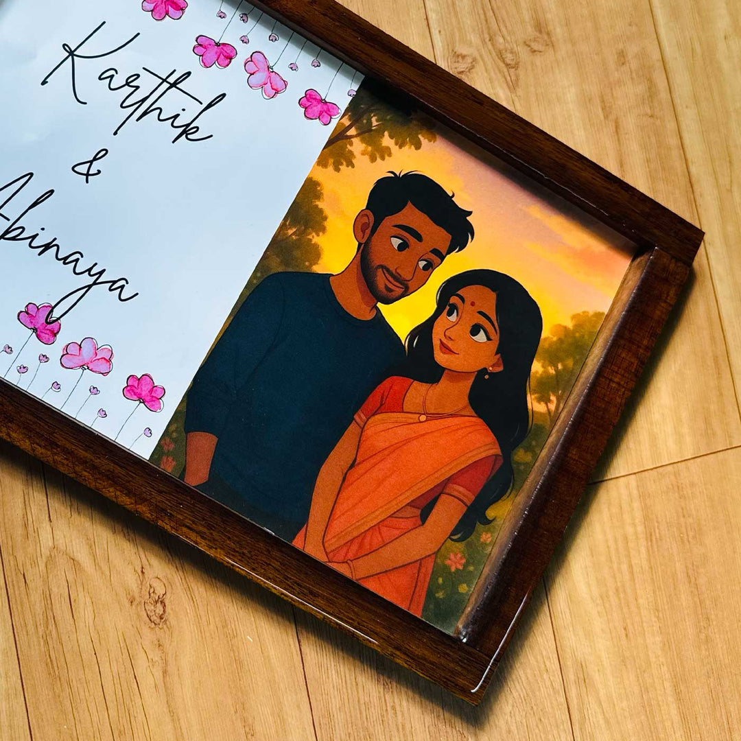 Couple With Floral Caricature Photo Personalized Resin Wooden Frame Name Plate