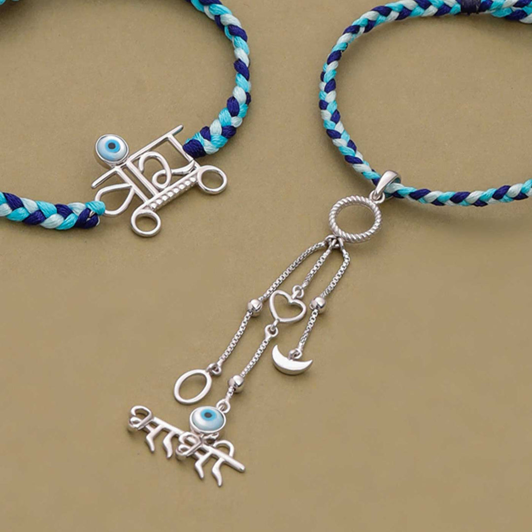 Handmade Evil Eye Design Silver Bhaiya Bhabhi Rakhi - Close-up of Pendant Details