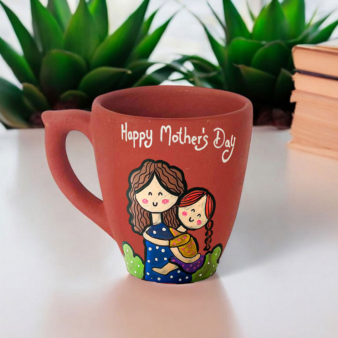 Handpainted Personalised 3D Terracotta Mug with Mom And Daughter Avatar Illustrations