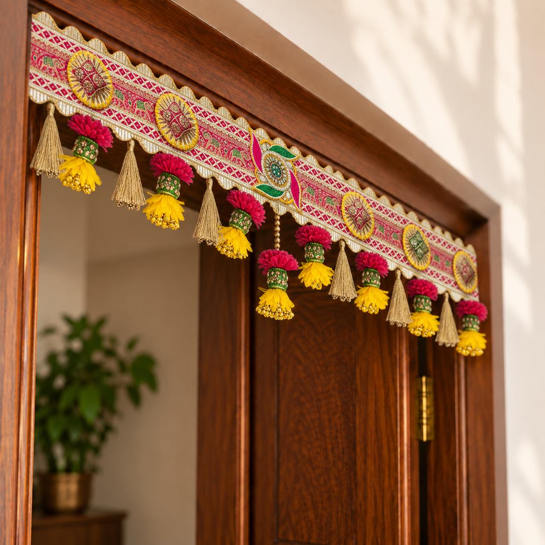 40 In | Handmade Embroidered Swastik Design Jute Toran