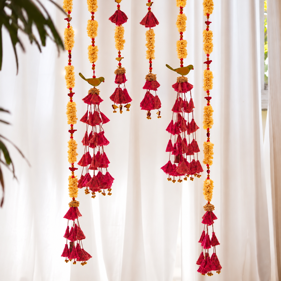 6 Pc | Handmade Parandi Bird Jute Wall Hanging Strings in Different Lengths With Shola Accents