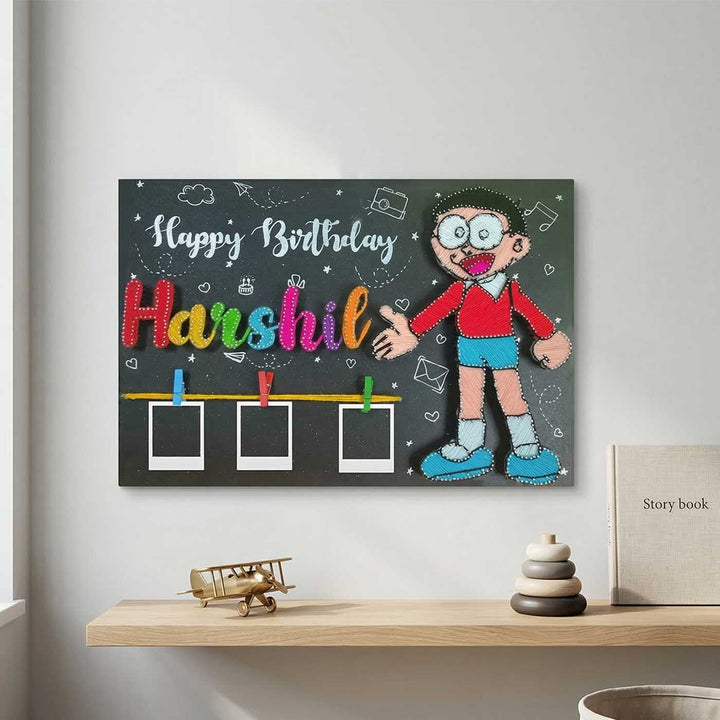 Photo Personalized String Art Nobita Theme Wooden Name Plate