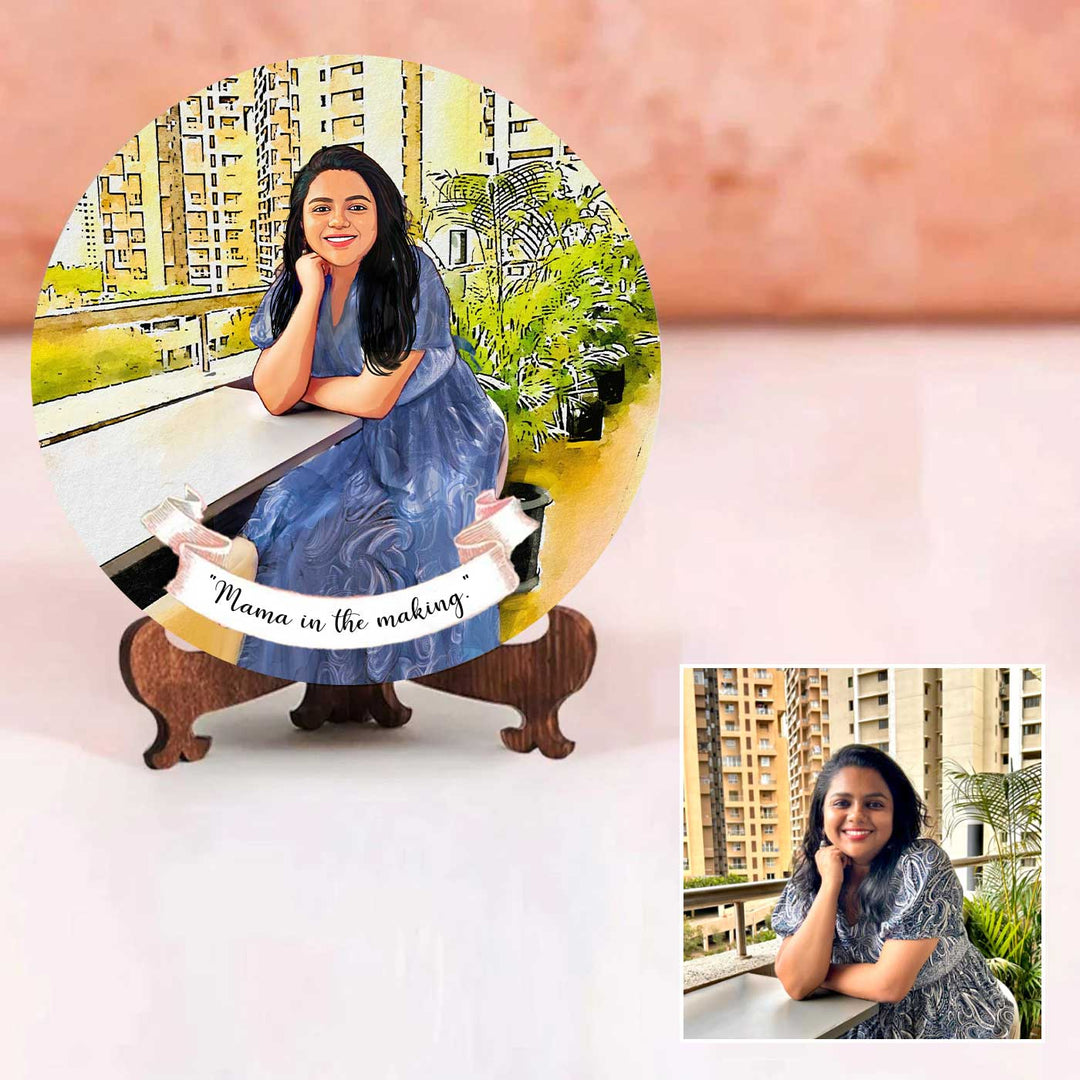 Photo Caricature Name Plate With Stand 6 - Front View on Wooden Stand