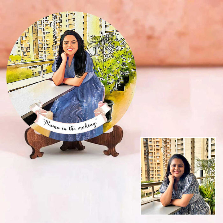 Photo Caricature Name Plate With Stand 6 - Front View on Wooden Stand