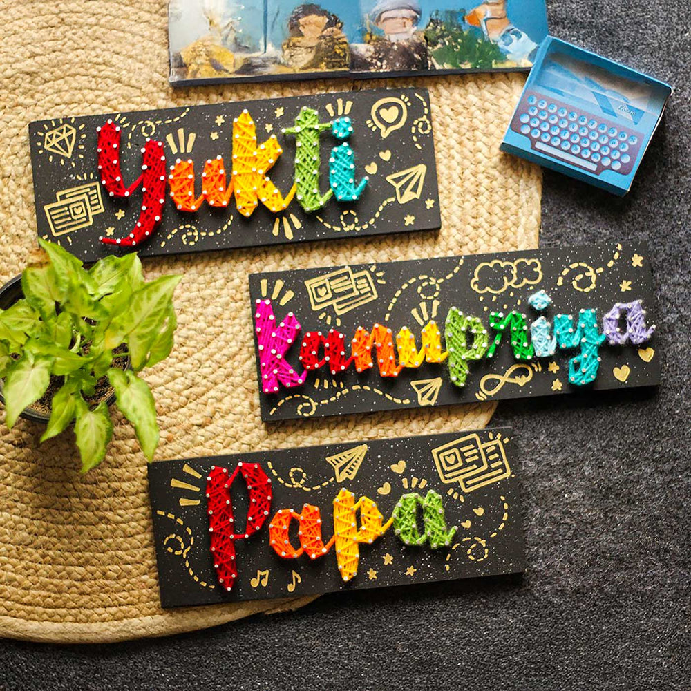Personalized String Art Colourful Mdf Wood Name Plate - Multiple Name Personalization Examples Flat Lay