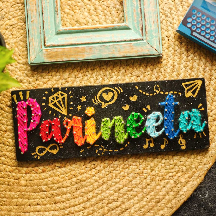 Personalized String Art Colourful Mdf Wood Name Plate - Name Personalization Example Flat Lay