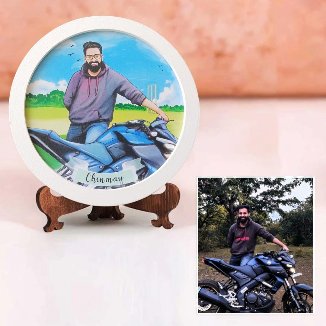 Photo Caricature Name Plate With Stand For Individuals - Front View with Personalized Illustration