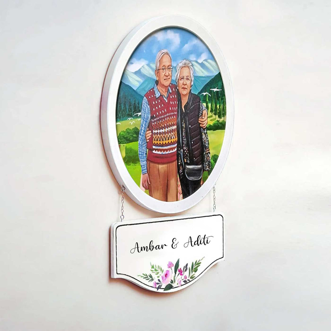 Photo Caricature Hanging Name Plate For Couples 2 - Side View Hanging with Nameplate