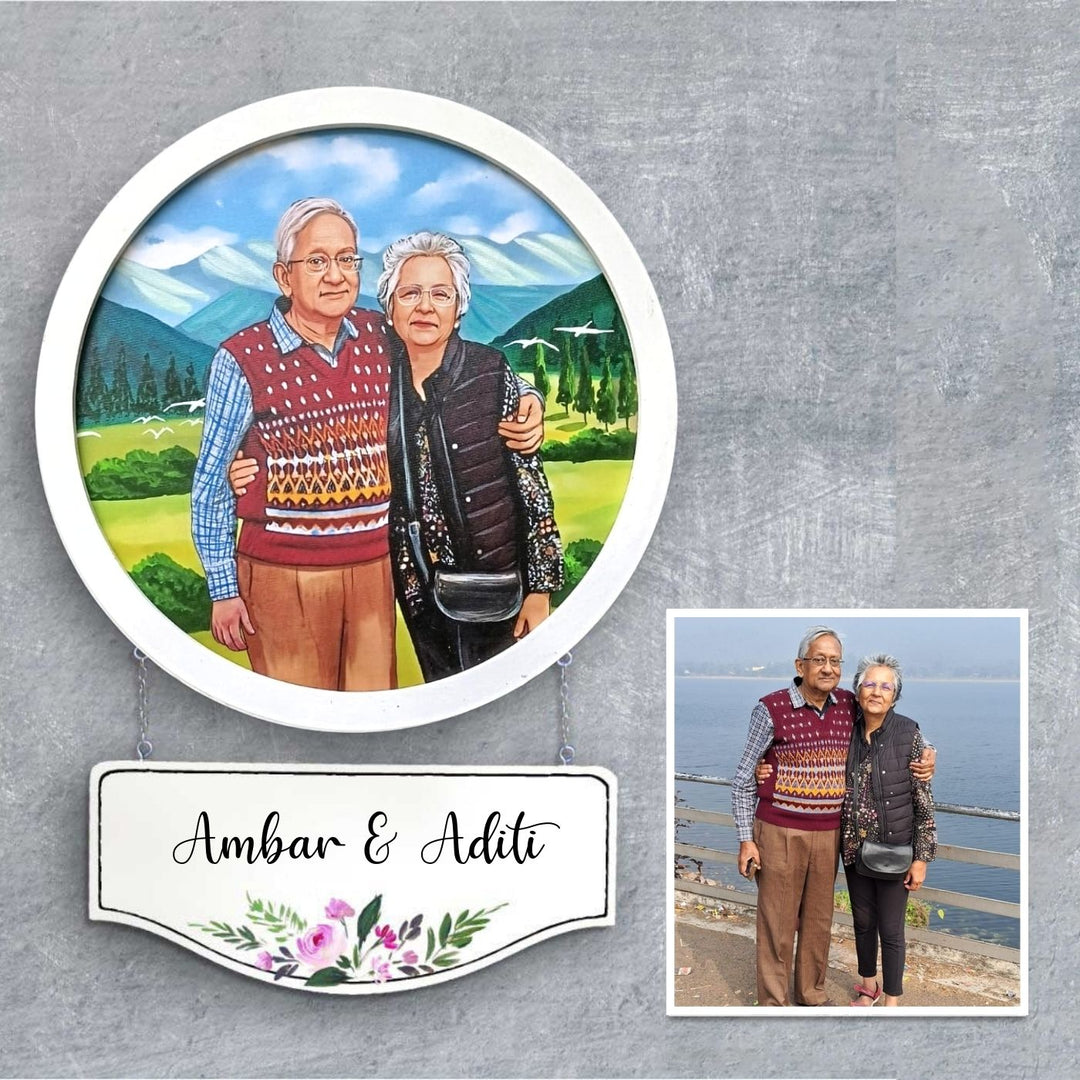 Photo Caricature Hanging Name Plate For Couples 2 - Mounted Circular Frame with Nameplate