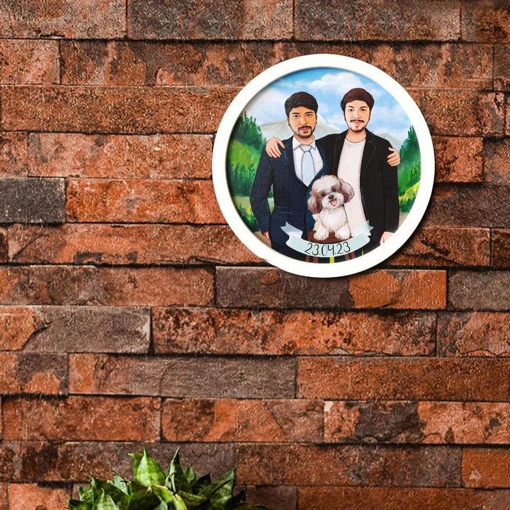 Photo Caricature Name Plate With Stand For Siblings With Pets - Mounted on Brick Wall