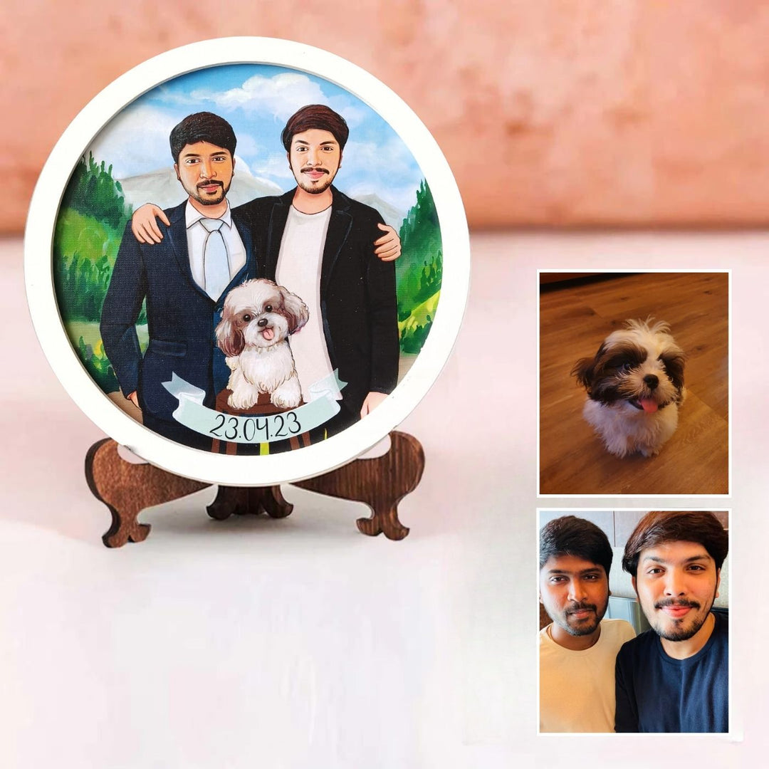 Photo Caricature Name Plate With Stand For Siblings With Pets - Front View with Personalization Examples