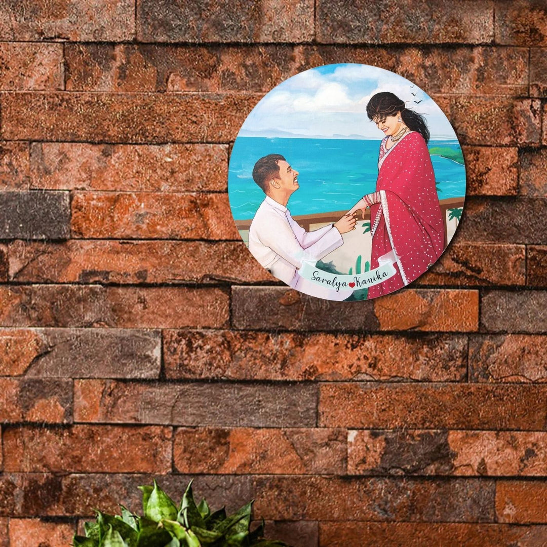 Photo Caricature Name Plate With Stand For Wedding Couples 2 - Mounted on Brick Wall