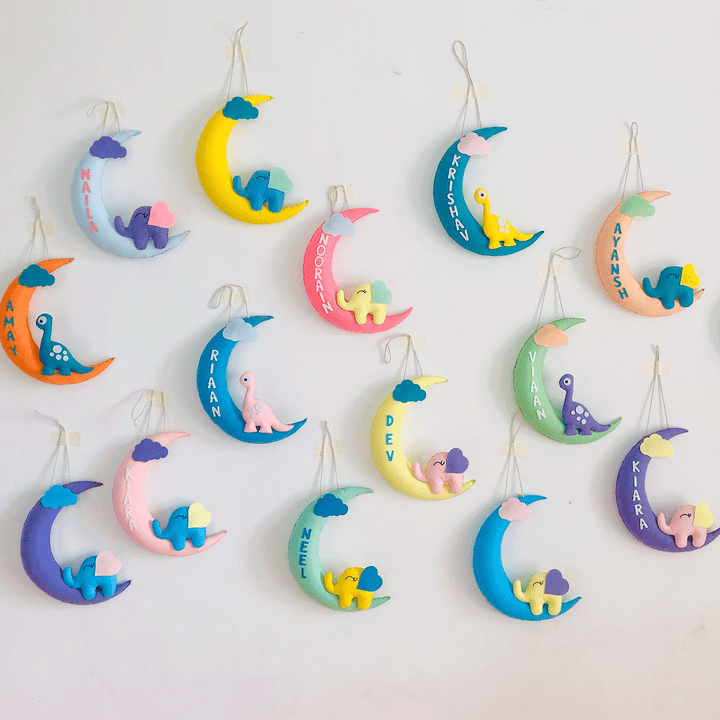 Handmade Dino On The Moon Kids Felt Name Hanging - Multiple Personalized Hanging Decorations