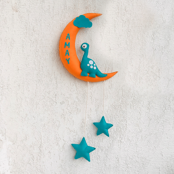 Handmade Dino On The Moon Kids Felt Name Hanging - Wall Hanging Front View with Name Personalization