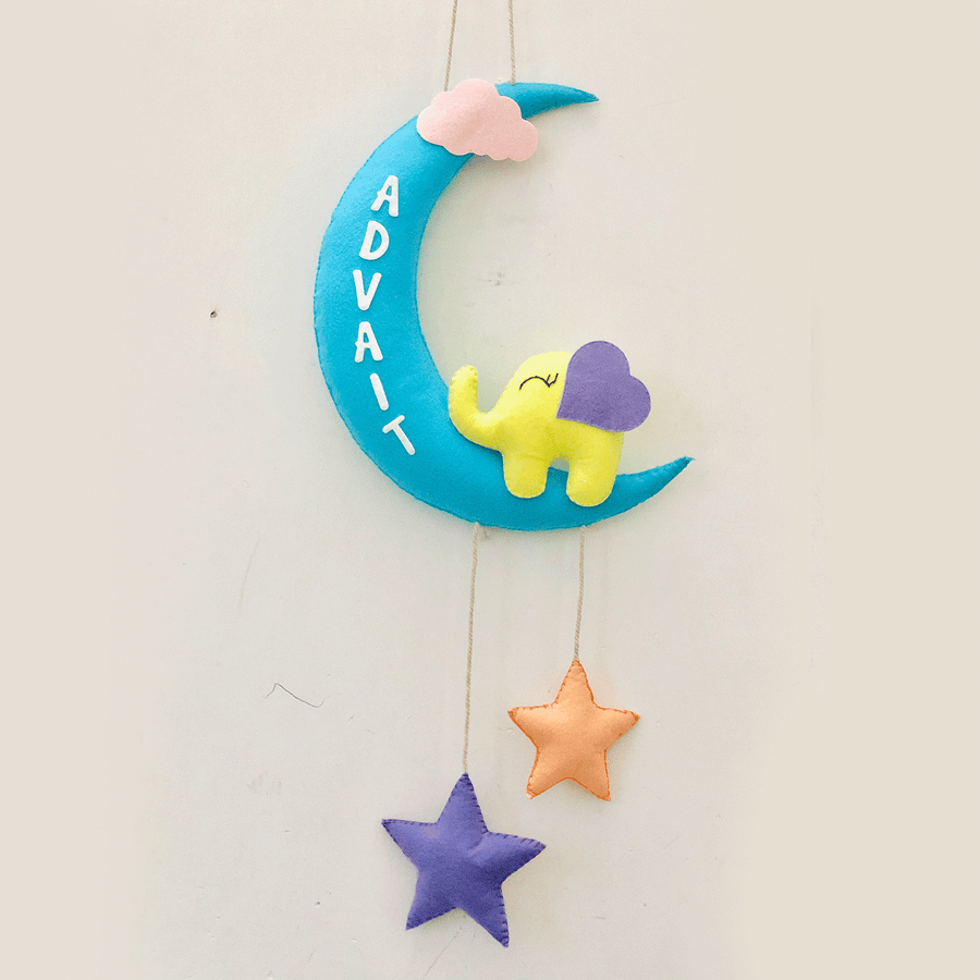 Handmade Elephant On The Moon Kids Felt Name Hanging - Hanging Wall Decoration with Name Personalization