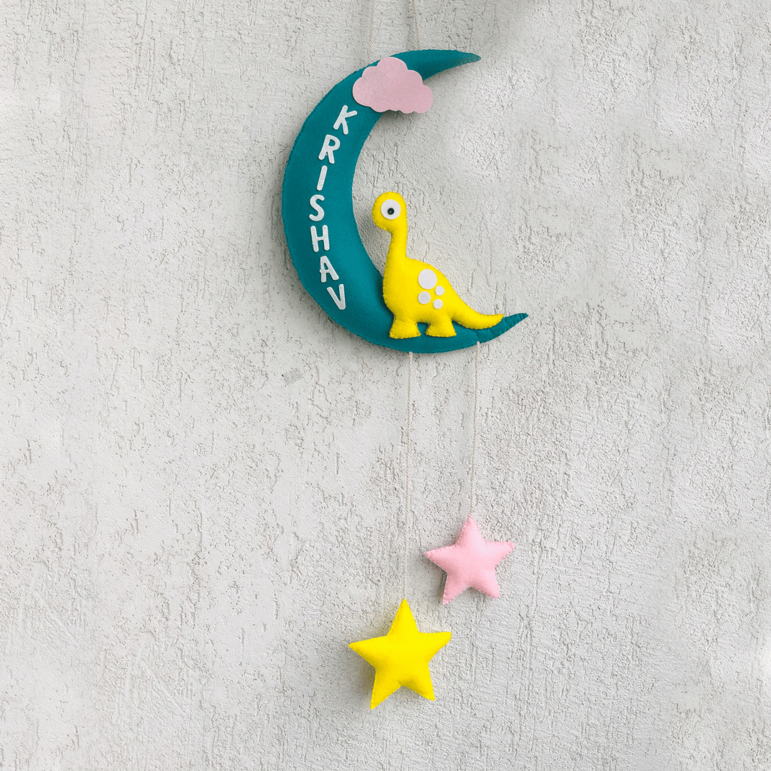 Handmade Dino On The Moon Kids Felt Name Hanging - Hanging View with Name Personalization