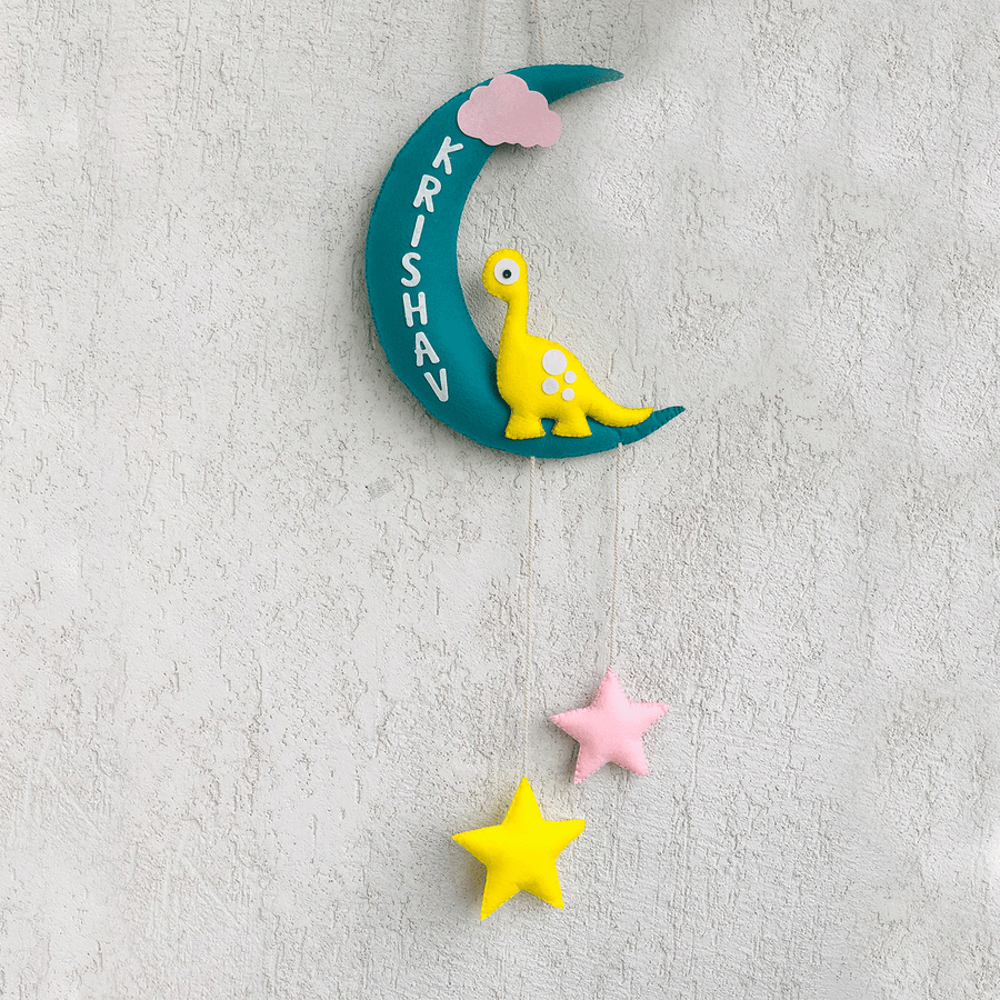Handmade Dino On The Moon Kids Felt Name Hanging - Hanging View with Name Personalization