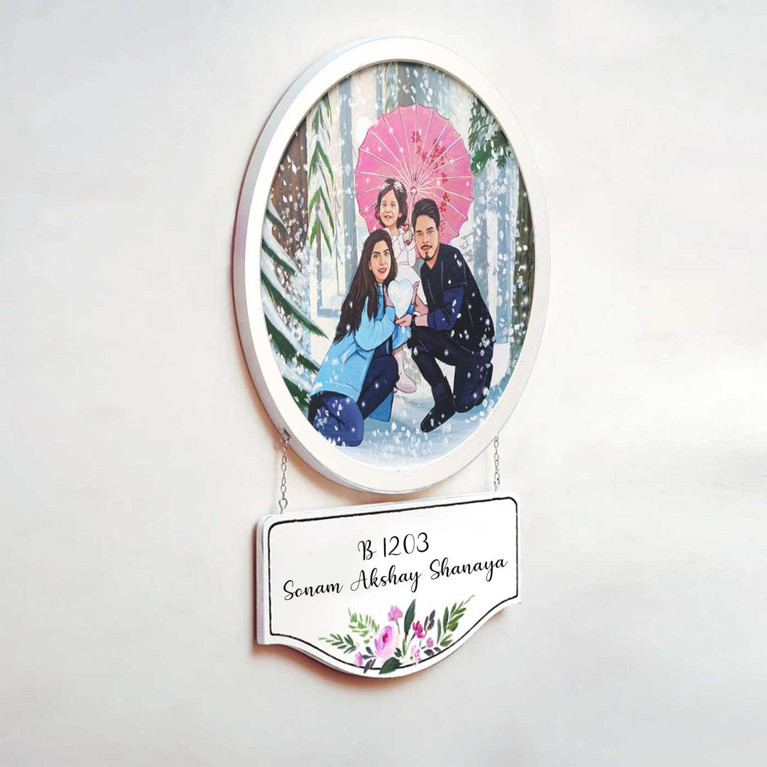 Photo Caricature Hanging Name Plate Small Family 1 - Side View Hanging with Name Plate