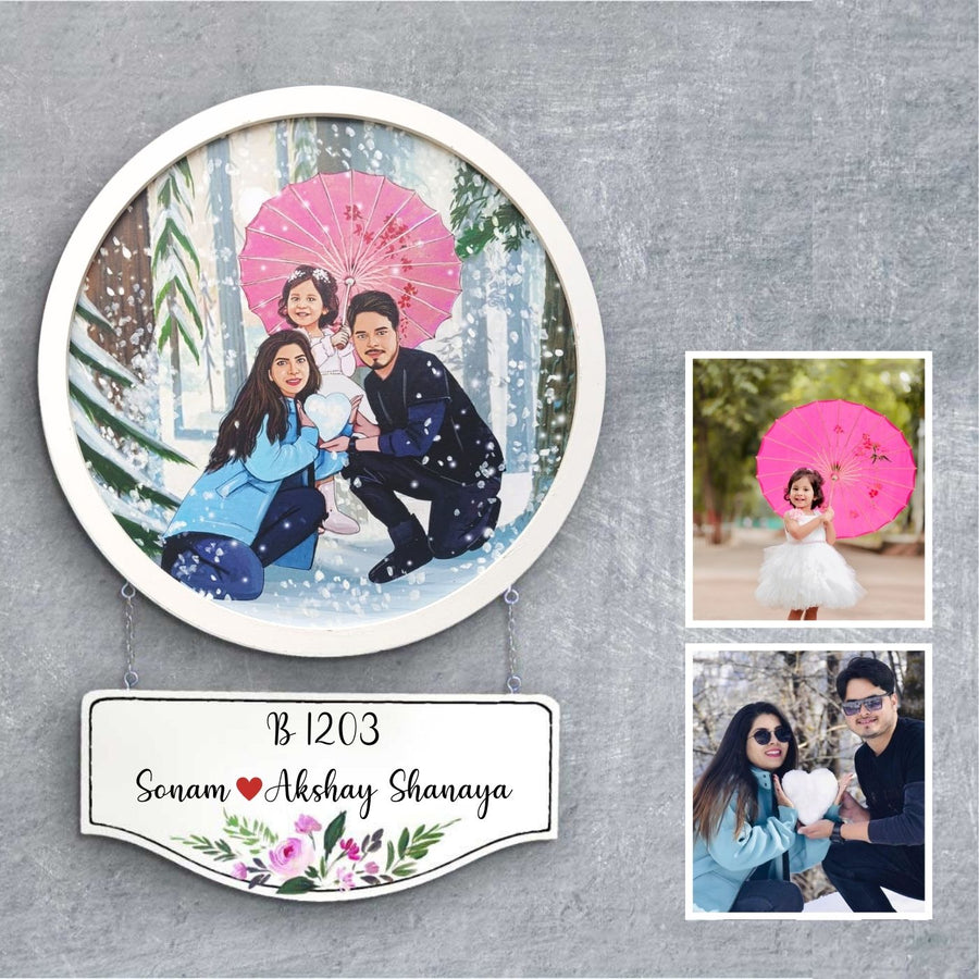 Photo Caricature Hanging Name Plate Small Family 1 - Personalized Portrait with Nameplate