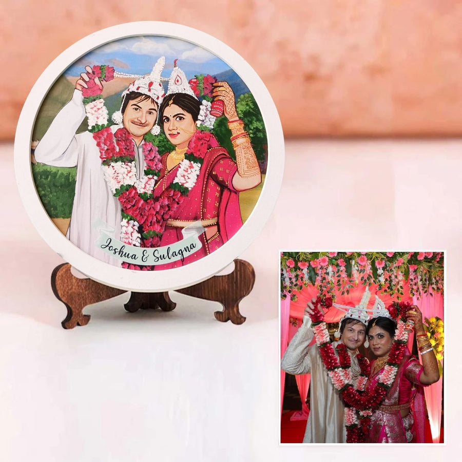 Photo Caricature Name Plate With Stand For Wedding Couples - Front View with Personalized Illustration