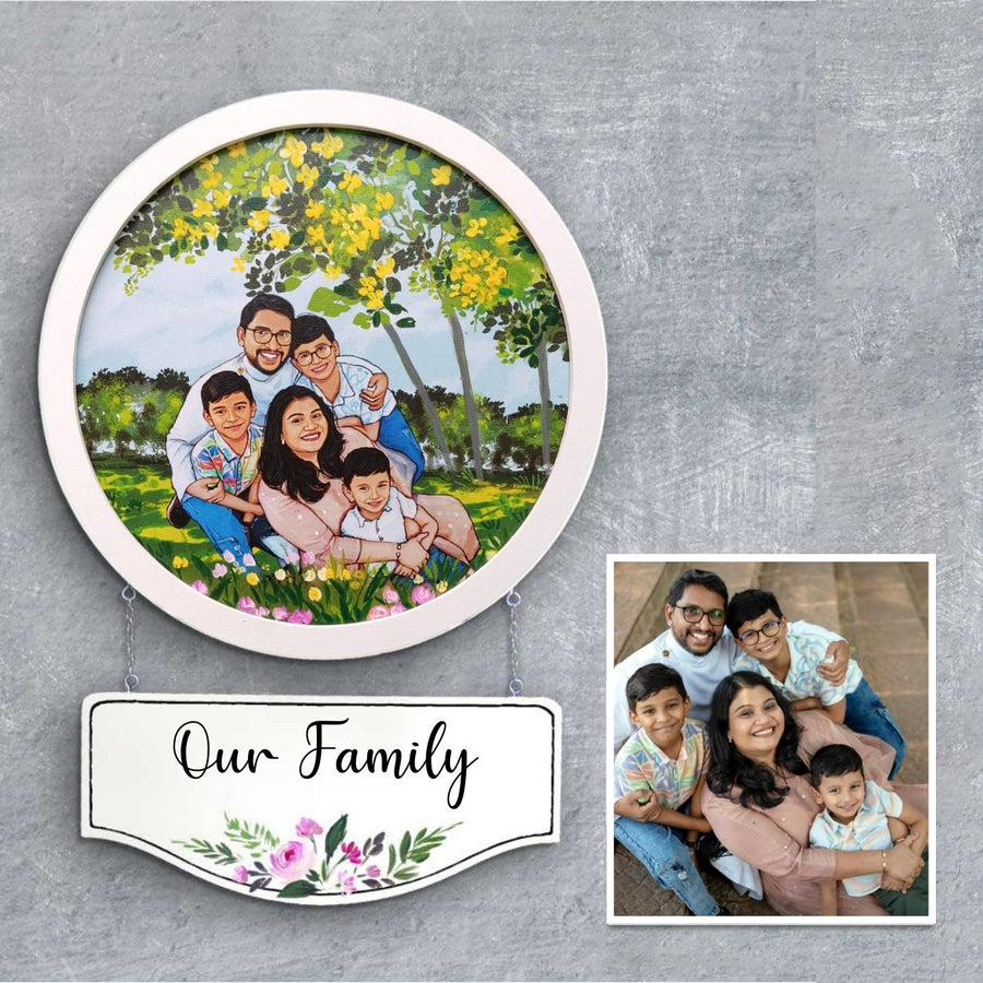 Photo Caricature Hanging Name Plate Medium Family - Hanging Wall Sign with Photo Example