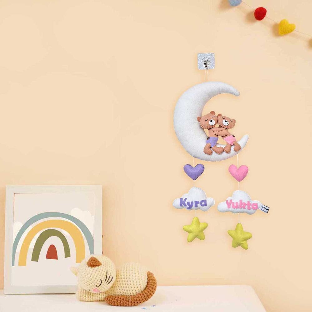 Personalized Teddy Themed Felt Kids Name Plate For Siblings - Hanging Wall Decoration Display