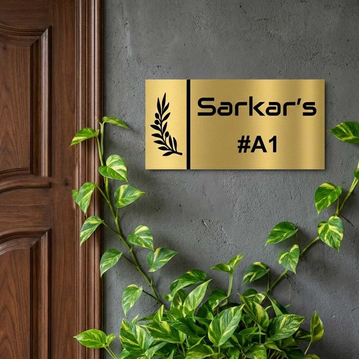 Leaf Engraved Personalized Golden Metal Name Plate | Weather Proof, Glossy Mirror Finish