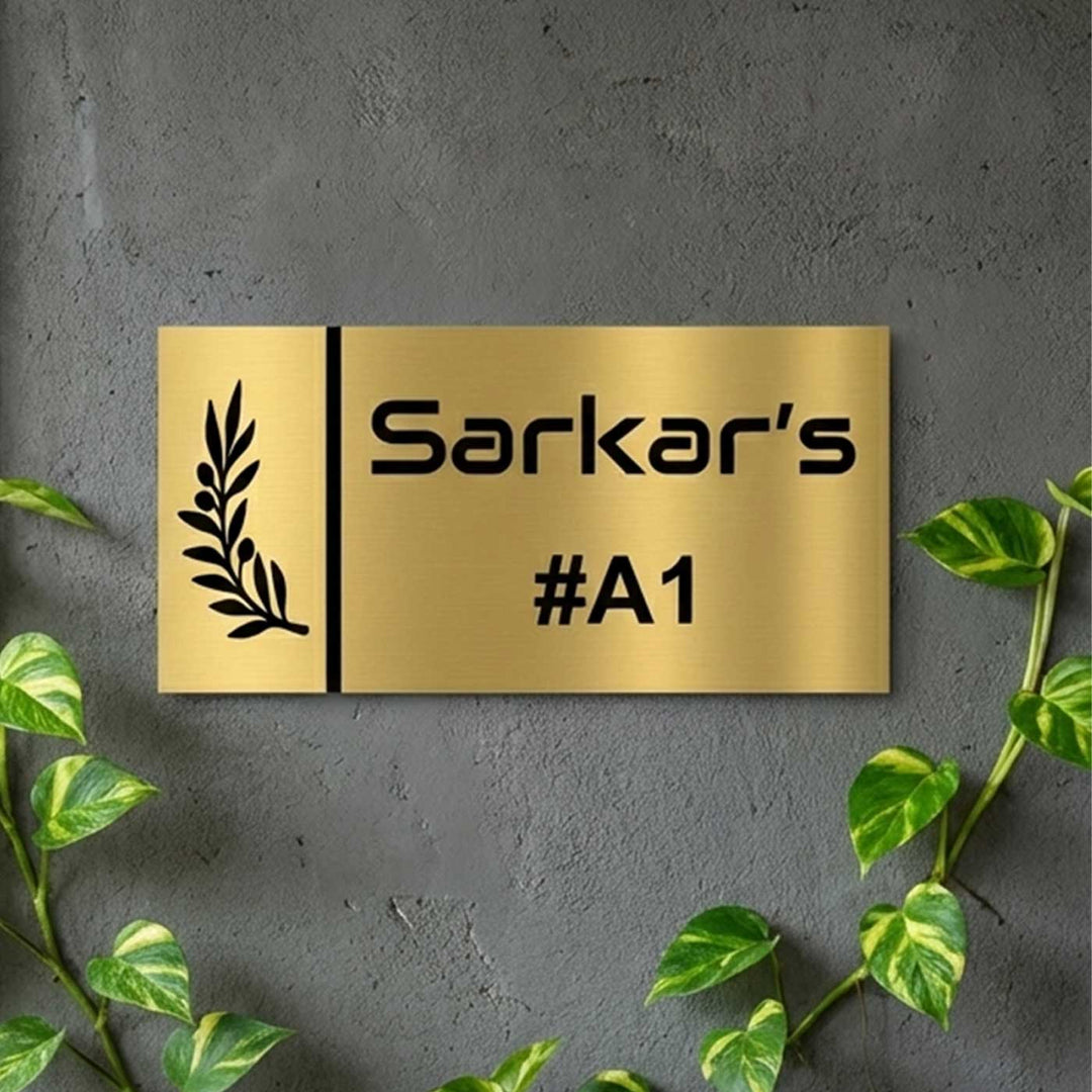 Leaf Engraved Personalized Golden Metal Name Plate | Weather Proof, Glossy Mirror Finish