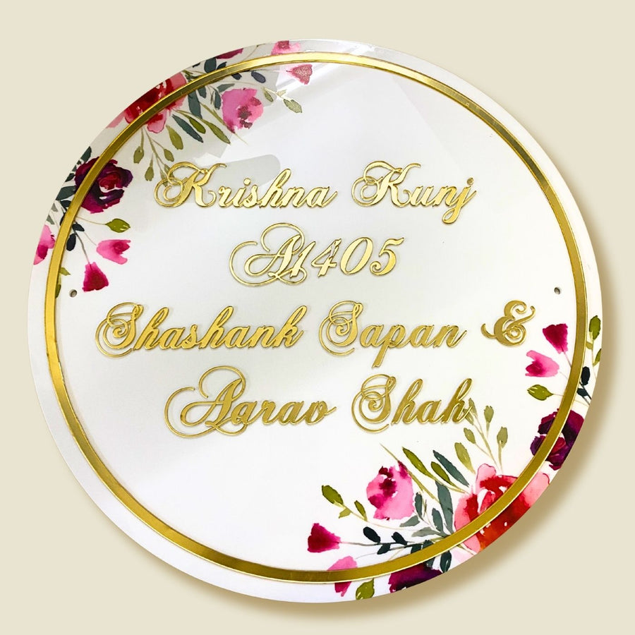 Personalised Printed Floral Round Acrylic Nameplate Copy 2 - Top View with Name Personalization