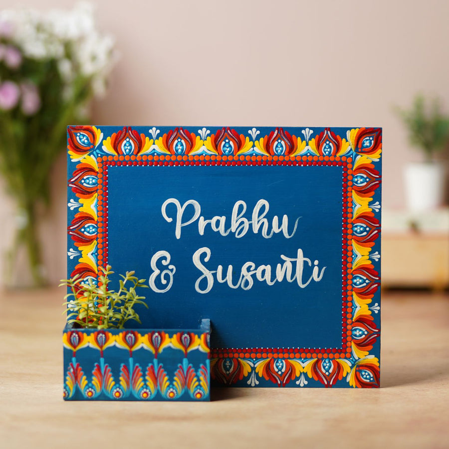 Handcrafted Dot Art Rectangular Planter Name Plate - Front View with Name Personalization